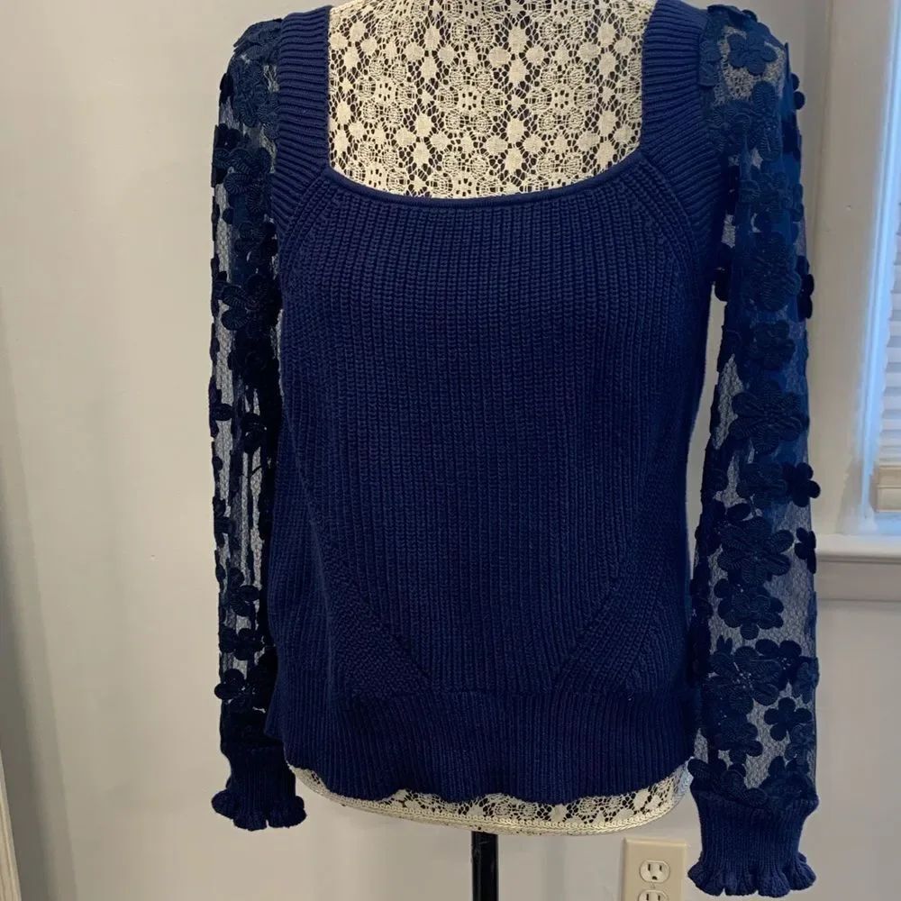 Industry Women's Blue Sweater with Lace Sleeves